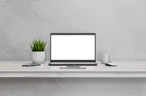 Laptop PC with blank screen on white wooden table in home interior - mockup t Stock Illustration