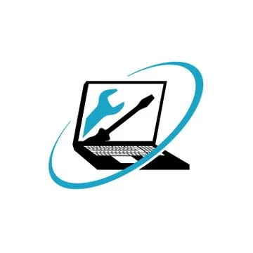 Laptop PC Computers Repair Logo Design Vector Template With Wrench and Screwd Stock Illustration