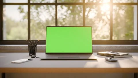 Laptop PC with Green Screen on Office Desk in Sunny Room - Front View Stock Footage 341795631