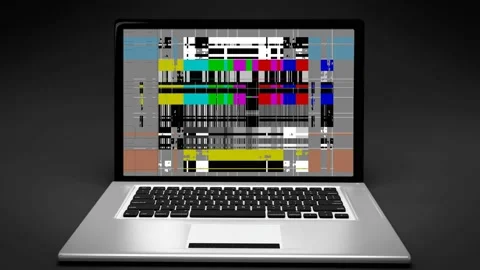 Laptop PC with TV test pattern vintage analogic 80s television no signal scre Stock Footage 119341880