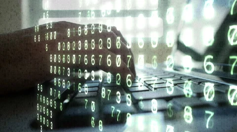 Laptop PC typing close up overlaid with binary code and numbers. Video stock 53326153