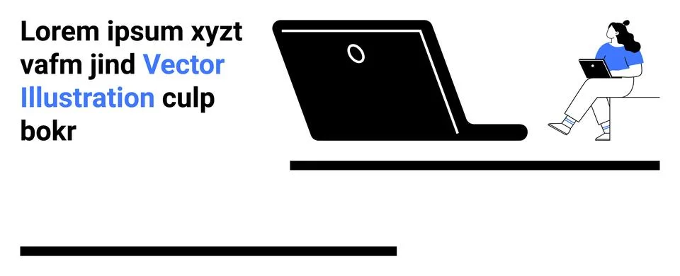 Laptop, person working, text elements, minimalist style, black, blue, white.  Stock Illustration