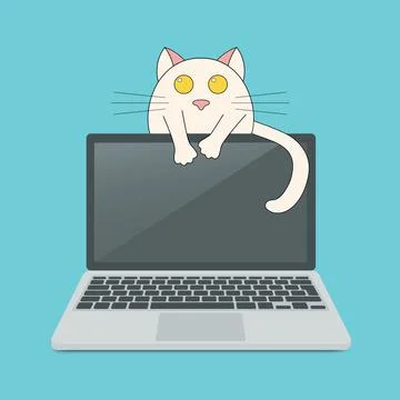 Laptop, personal computer with cat illustrations. Vector illustration laptop and Stock Illustration