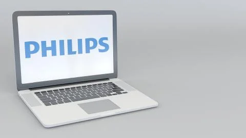 Laptop with Philips logo. Computer technology conceptual editorial 3D rendering Stock Illustration
