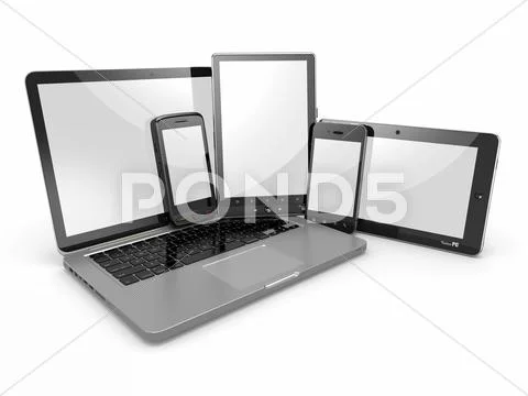 Laptop, phone and tablet pc. electronic devices. 3d Stock Illustration