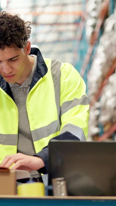 Laptop, phone call and problem solving with man in warehouse for delivery or Stock Footage 319045755