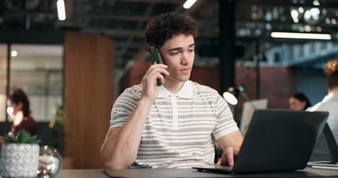 Laptop, phone call and programming with man at desk for design, problem solving Stock Footage 340605799