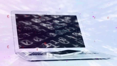 Laptop with phone on gloss tabletop, code executing to visualize data with Stock Footage 332544554