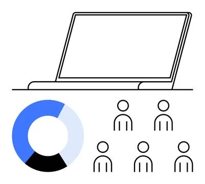 Laptop with Pie Chart and Stick Figures Representing Data Analysis and Team.. Illustrazione stock