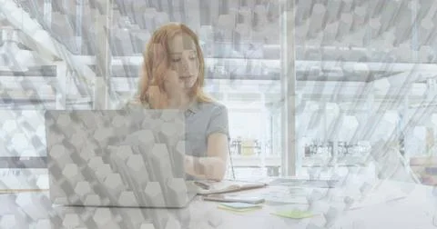 Laptop pinging, 3D red-haired woman typing and sorting notes, preparing slides Stock Photos