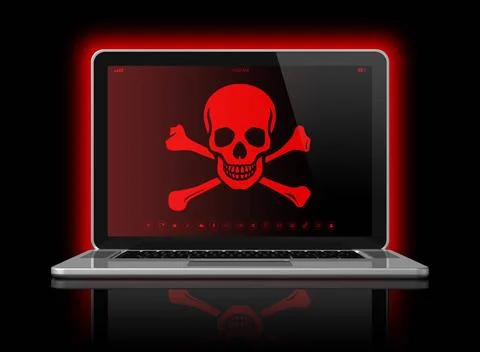 Laptop with a pirate flag on screen. Hacking concept 3D Laptop with a pira... Stock-Fotos