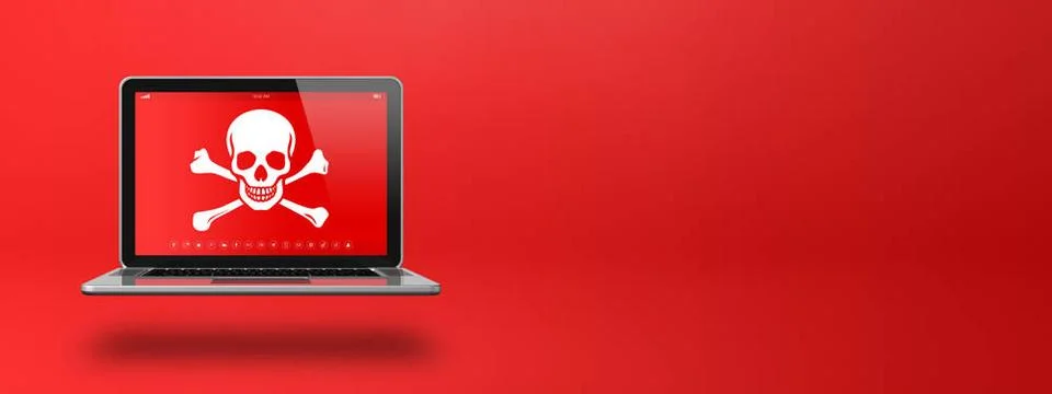 Laptop with a pirate symbol on screen. Hacking concept Laptop with a pirat... Stock Photos