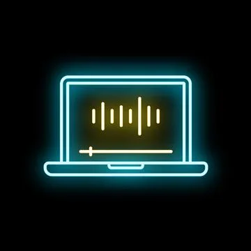 Laptop playing audio wave equalizer neon icon Stock Illustration