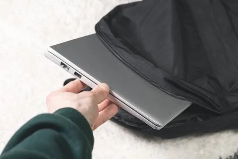 Laptop pocket or section in backpack. Close up. Stock Photos