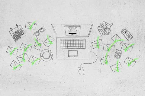 Laptop with pop-up message on the screen surrounded by email envelopes ticked イラスト素材