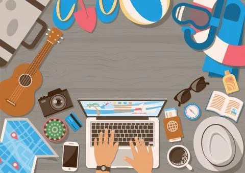 Laptop preparing for summer vacation Illustrazione stock