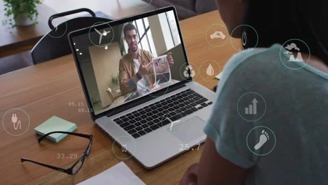 Laptop presenter starting business call, turning page, viewer viewing, HUD icons Stock Footage 334694014