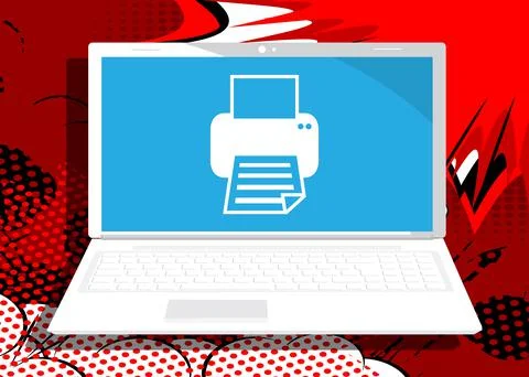 Laptop with Printer icon on the screen. Vector cartoon illustration. Print, p Illustrazione stock