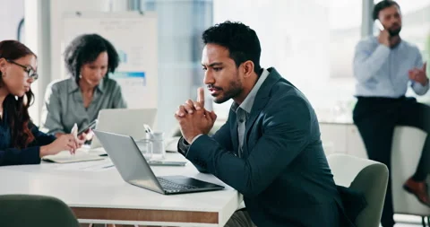 Laptop, problem solving and business man in office, think or planning with Stock Footage 329615839