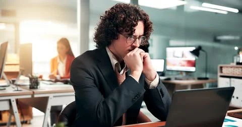 Laptop, problem solving and business man in company with financial email, c.. Stock Photos