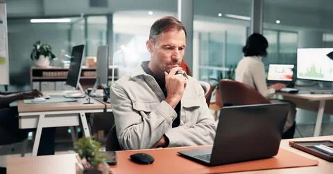 Laptop, problem solving and business man in office with financial email, da.. Stock Photos