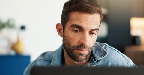 Laptop, problem solving and remote work with man in home for online report or Stock Photos