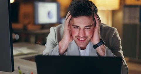 Laptop, problem solving and stress with business man in office at night for Stock Photos