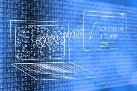 Laptop processing data into solutions, with pop-up spring Stock Illustration