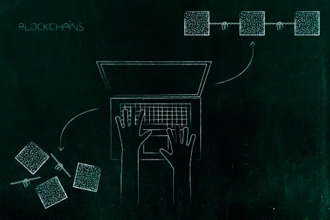 Laptop processing elements into completed blockchain イラスト素材