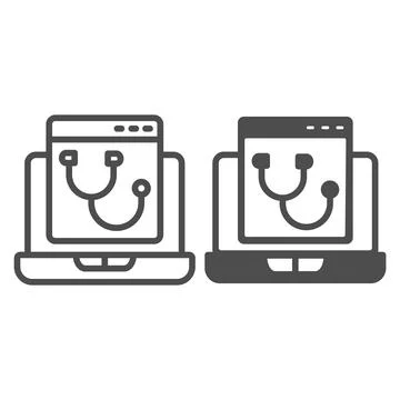 Laptop program page with stethoscope line and solid icon, pcrepair concept Stock Illustration