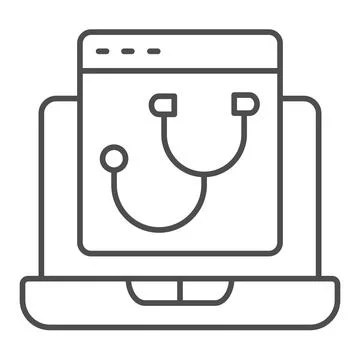 Laptop program page with stethoscope thin line icon, pcrepair concept, laptop Stock Illustration