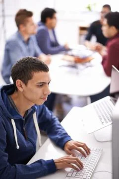 Laptop, programmer and man on software for update in office with information Stock Photos