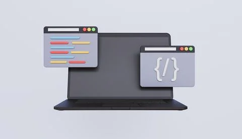 Laptop with programming source code, coding icon, coding screen, web development 库存插图