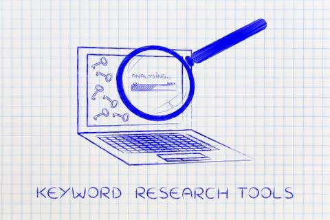 Laptop progressing tags for content, keywords suggesting tools Stock Illustration