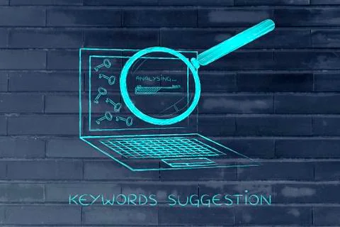 Laptop progressing tags for content, keywords suggesting tools 스톡 일러스트