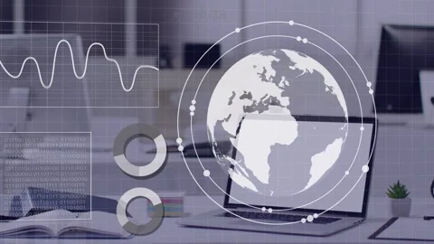 Laptop projecting globe, globe forming rings and expanding while HUD charts Stock Footage 334465873