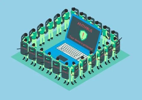The laptop is protected by antivirus. Stock Illustration