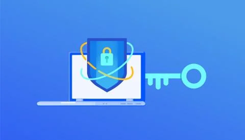 Laptop with a protective shield, a lock and a cyber key on a blue background. Illustrazione stock