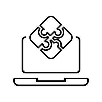 Laptop, puzzle, problem solving icon Outline vector.. Stock Illustration