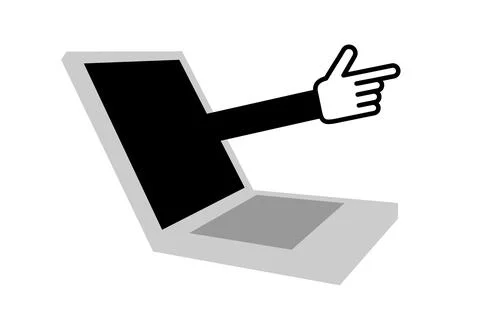 Laptop with real hand - mouse cursor is going out of the screen. - virtual re Stock Illustration
