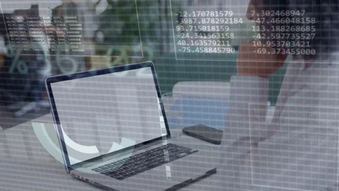 Laptop receiving business data feed HUD panels forming pie, bars, waveform with Stock Footage 335739896
