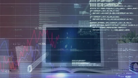 Laptop receiving live data feed, showing finance charts and scrolling code for Stock Footage 330236883