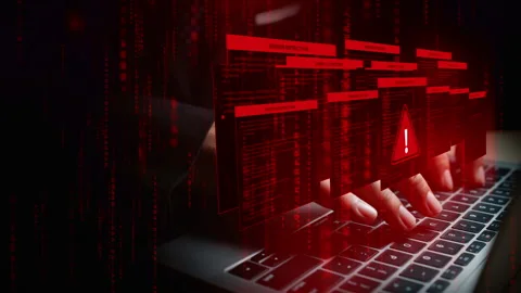 Laptop with red error detection pop-ups and binary code, symbolizing softwa. Stock Footage 325685233