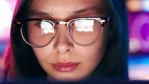 Laptop, reflection in glasses and smile of designer woman online for web Stock Footage 331425378