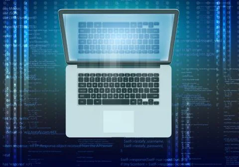 Laptop with reflection in the screen and computer code 스톡 일러스트