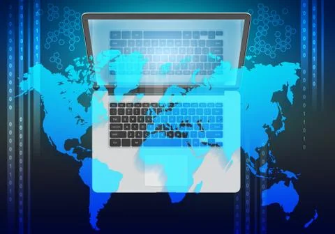 Laptop with reflection in screen and map of the world イラスト素材