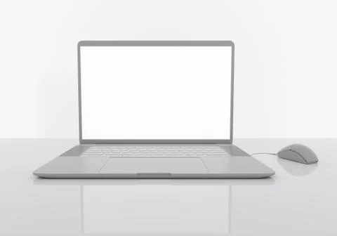 Laptop on the reflective gray table, mockup monitor, work at home concept Stock Illustration