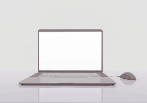 Laptop on the reflective gray table, mockup monitor, work at home concept Stock Illustration