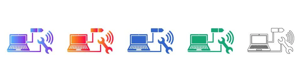 Laptop Remote Connection Icon Set Stock Illustration