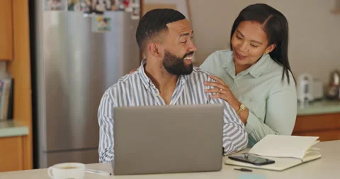 Laptop, remote work and couple hug in a kitchen with care, support or business Stock Footage 306506258